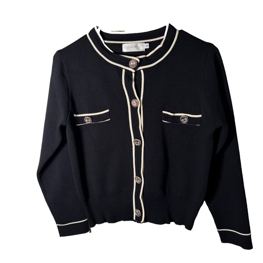 Knit Mix Cardigan Women's Small Black Button Up Black Crew Neck Sweater